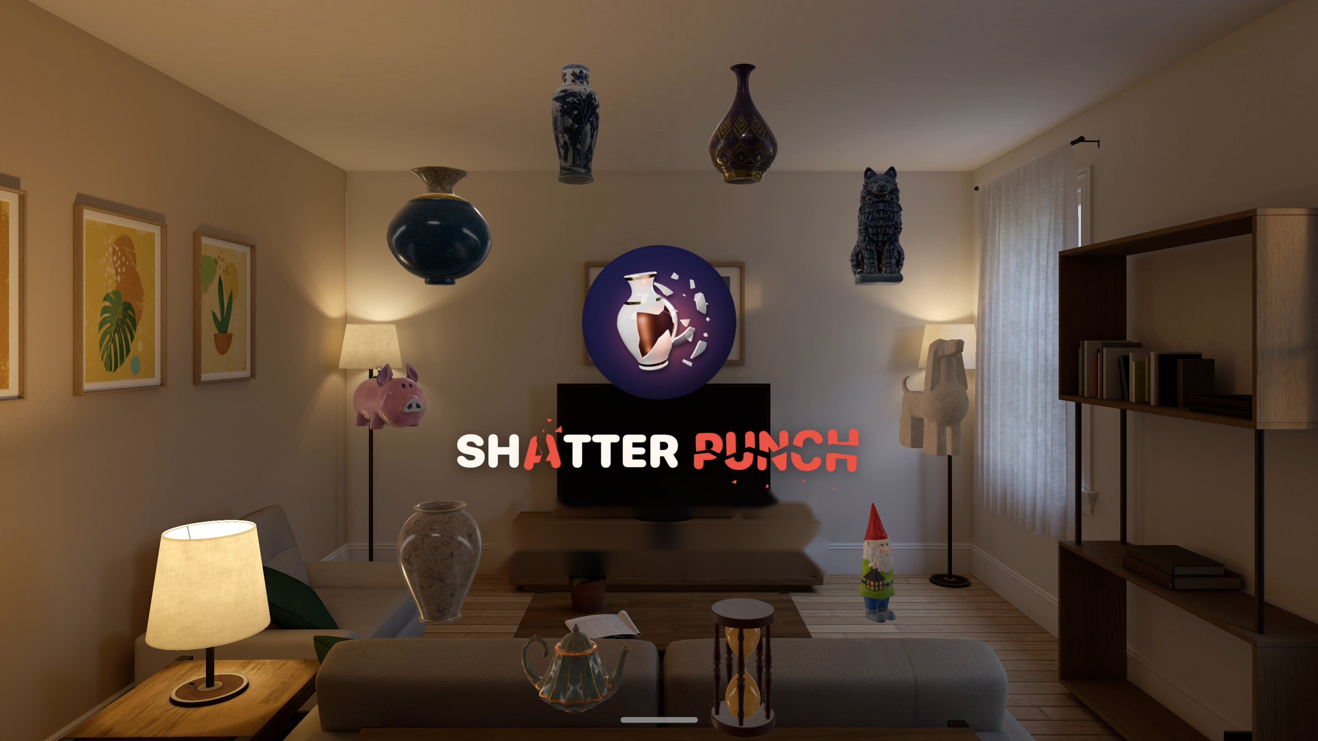 The game's opening: the Shatter Punch logo inside a ring of objects, in a living room at night