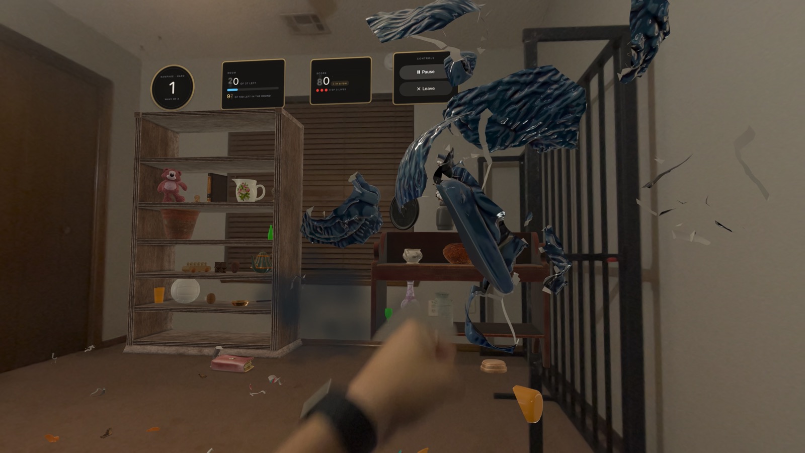 Blue glass shattering in a living room